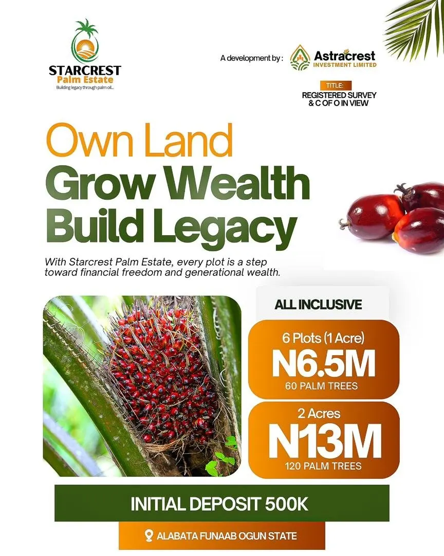 Flyer: Own land, grow wealth, build legacy — 1 acre ₦6.5M, 2 acres ₦13M