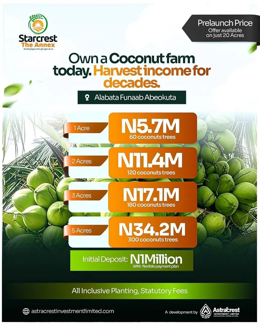 Pre-launch flyer: coconut farm — 1, 2, 3 and 5 acres