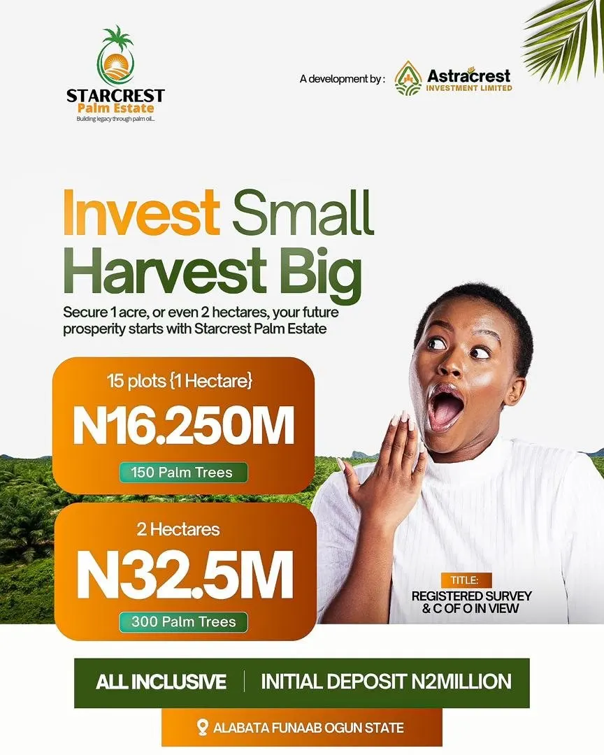 Flyer: Invest small, harvest big — 1 hectare ₦16.25M, 2 hectares ₦32.5M