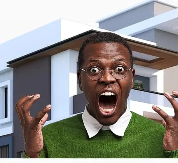 A startled man with his hands raised in front of a modern two-storey house