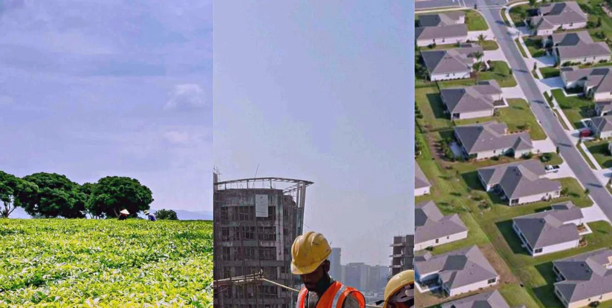 What Astracrest builds: farmland, a construction site with workers in hard hats, and a planned residential estate